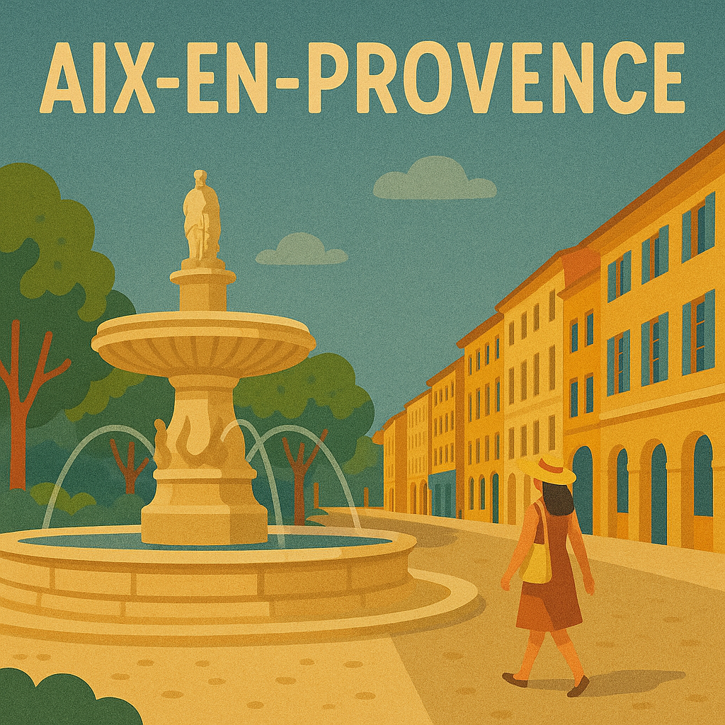 Fontaine monumentale d’Aix-en-Provence sur le cours Mirabeau avec une femme en robe rouge marchant à l’ombre des arbres.