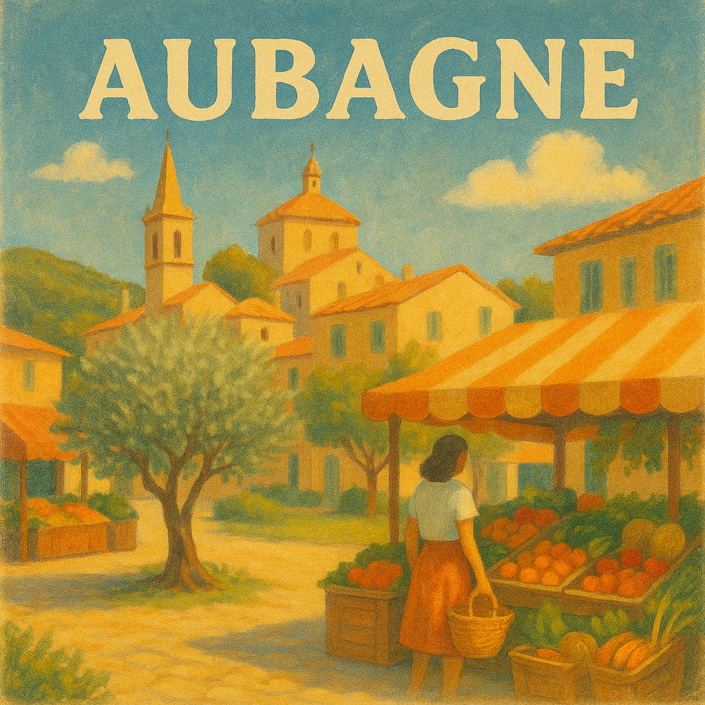 Marché provençal à Aubagne avec une femme achetant des fruits sous une tente rayée, et des bâtiments anciens en arrière-plan.