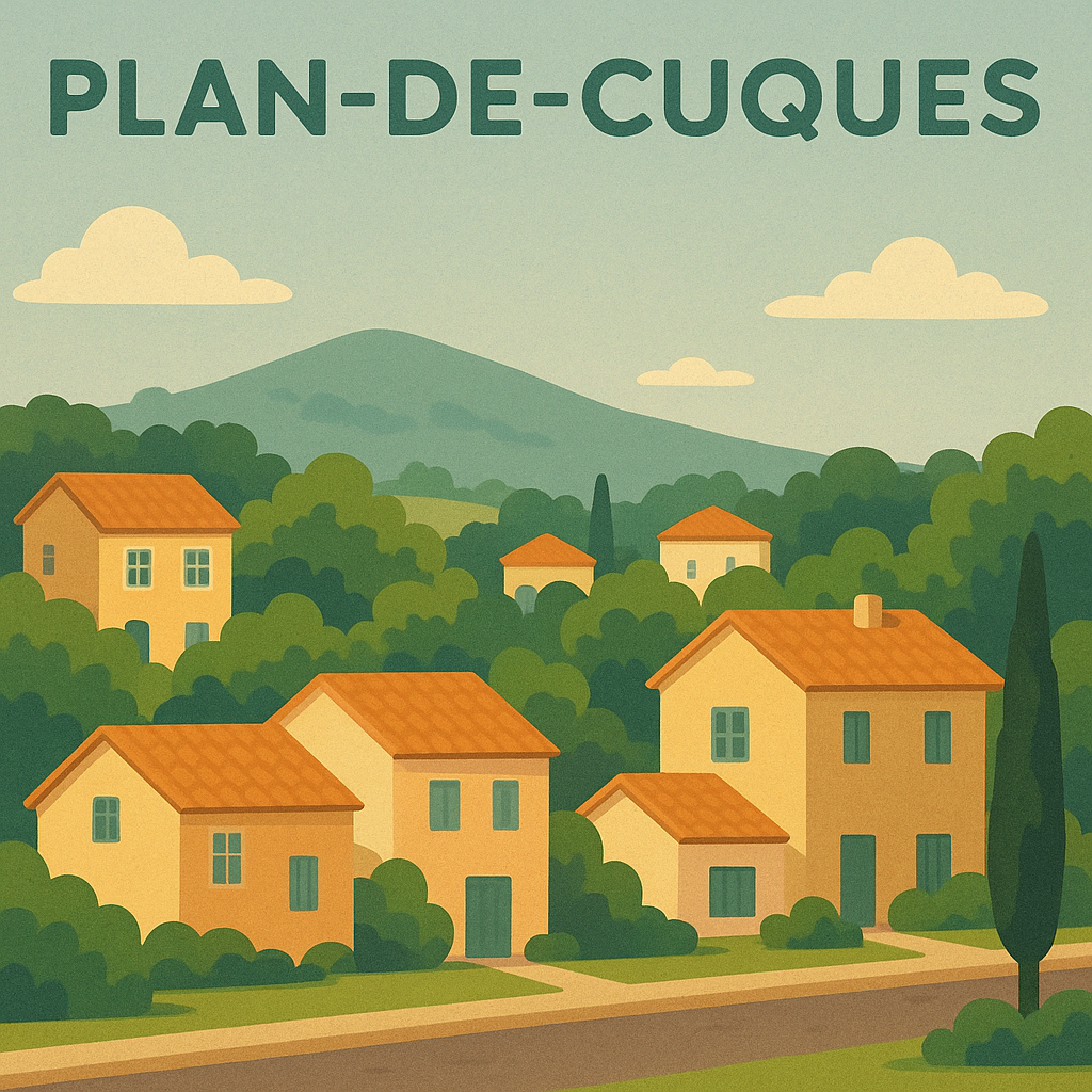 Scène paisible de Plan-de-Cuques avec maisons provençales et colline verdoyante à l’arrière-plan.