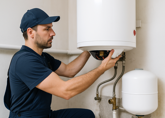 Plombier remplaçant un chauffe-eau mural dans une buanderie.