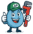 Logo Schler Plomberie : mascotte goutte bleue souriante avec casquette verte SP et clé à molette rouge